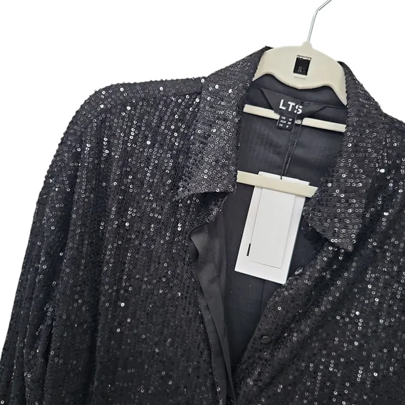 Long Tall Sally Black Sequin Womens Top Size 6 Button Down Long Sleeve Blouse - Picture 2 of 3